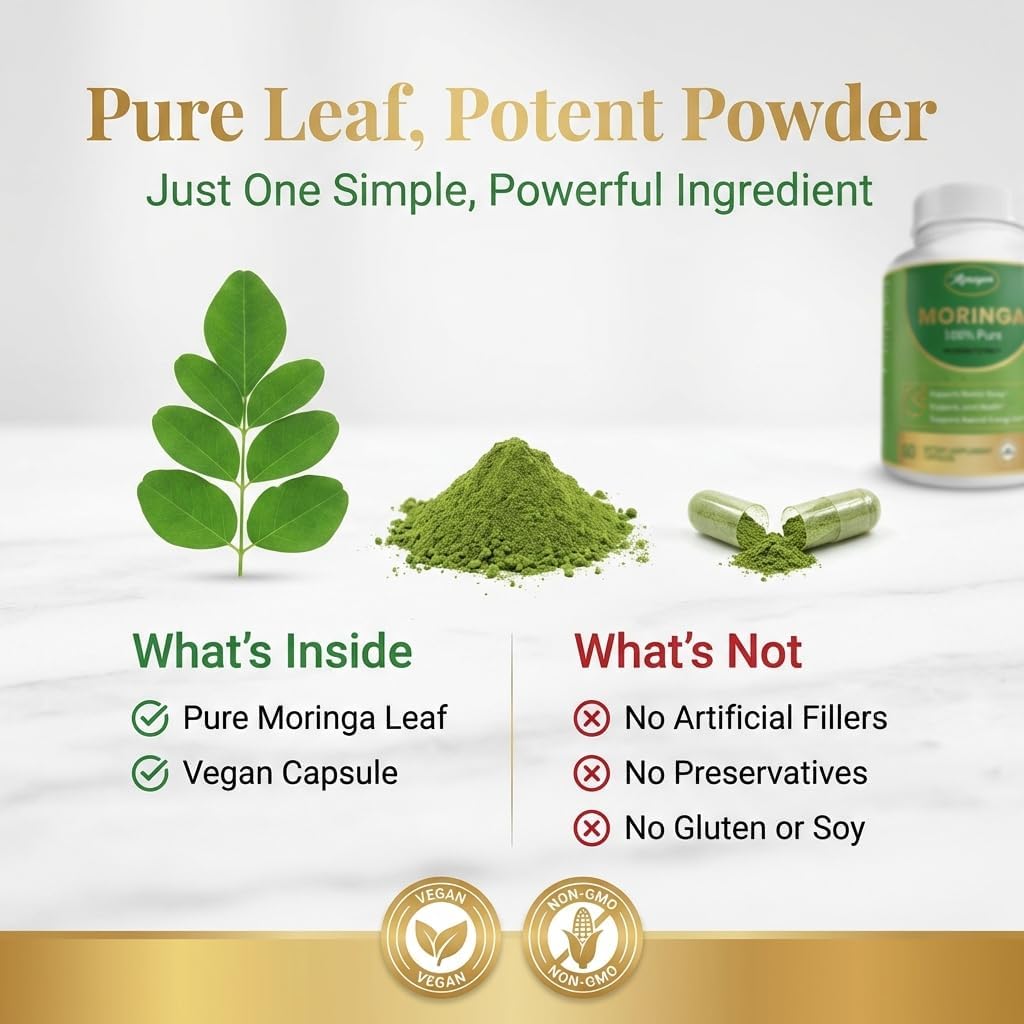 Moringa Capsules 800mg – Moringa Oleifera Leaf Powder Superfood Herbal Supplement for Natural Energy, Immune, Antioxidant & Detox Support – Vegan, Non-GMO, 60 Veg Capsules