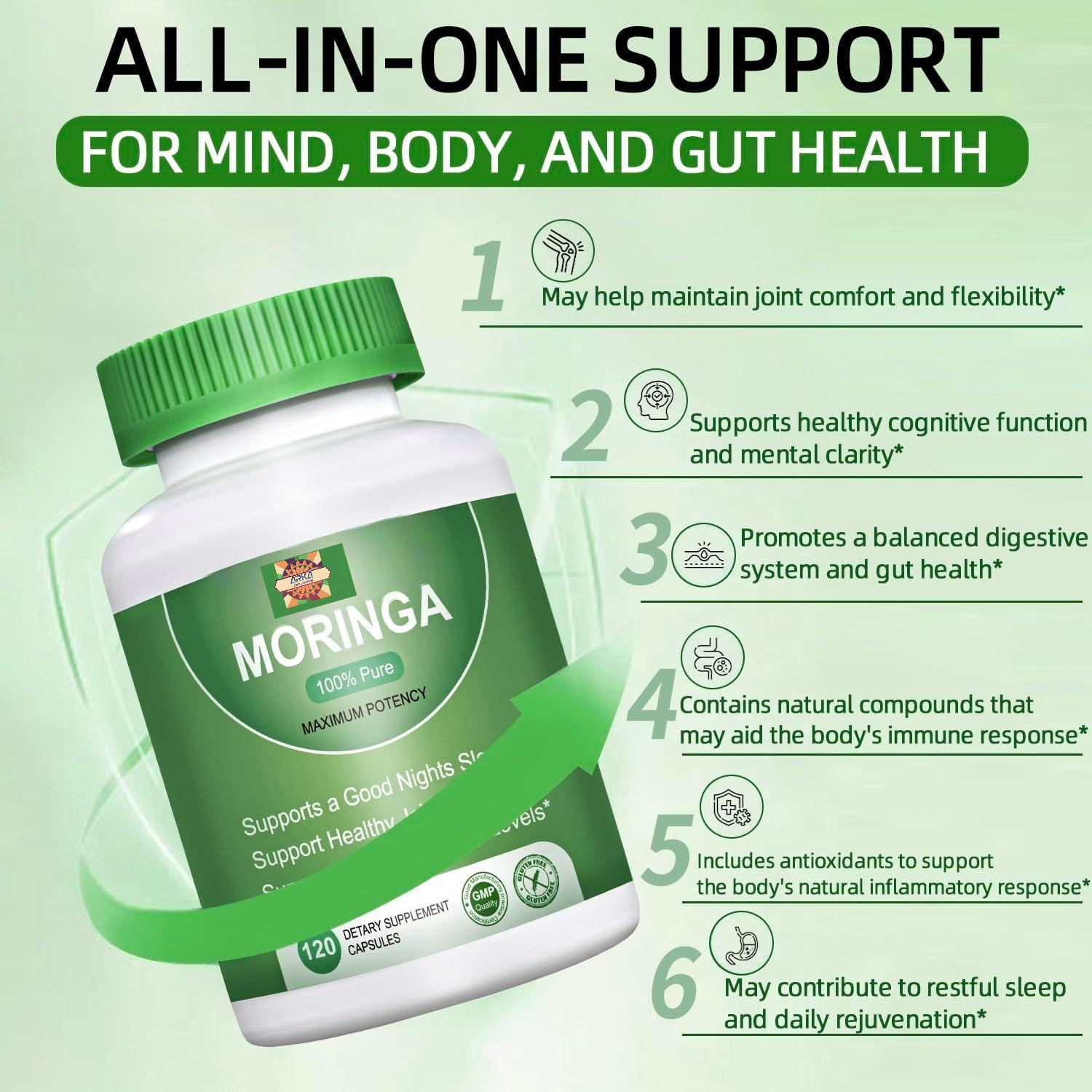 Moringa Capsules 800MG  - Pure Moringa Powder for Immune Gut Health Rich in Antioxidants Vegan Non-GMO 60 Count Natural Green Superfood Supplement