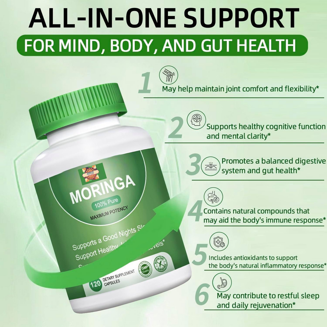 Moringa Capsules 800MG  - Pure Moringa Powder for Immune Gut Health Rich in Antioxidants Vegan Non-GMO 60 Count Natural Green Superfood Supplement