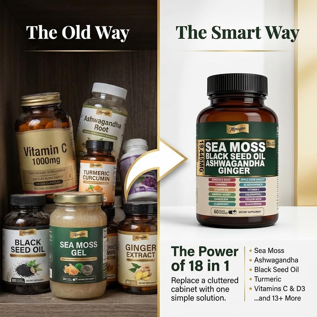 Sea Moss Black Seed Oil Ashwagandha Capsules - 10:1 Extract Blend 60ct