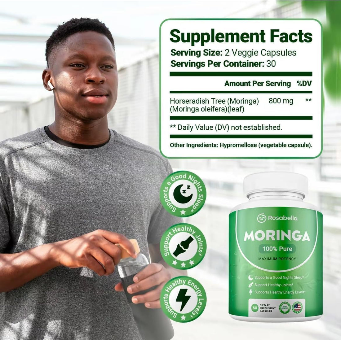 Moringa Capsules 800MG  - Pure Moringa Powder for Immune Gut Health Rich in Antioxidants Vegan Non-GMO 60 Count Natural Green Superfood Supplement