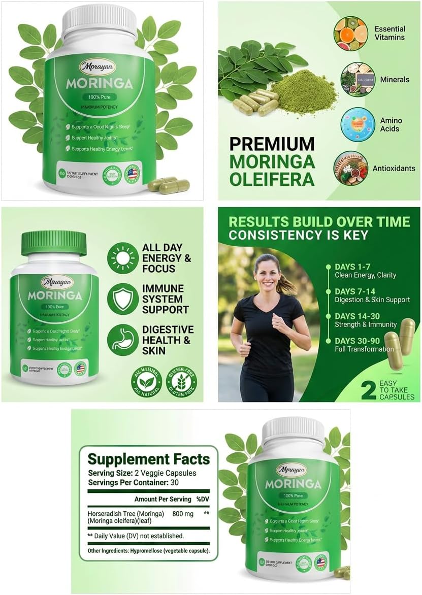 Moringa Capsules 800mg – Pure Moringa Oleifera Leaf Powder – Antioxidant Nutritional Supplement for Natural Energy & Immune Support – Vegan, Non-GMO Superfood – 60 Capsules