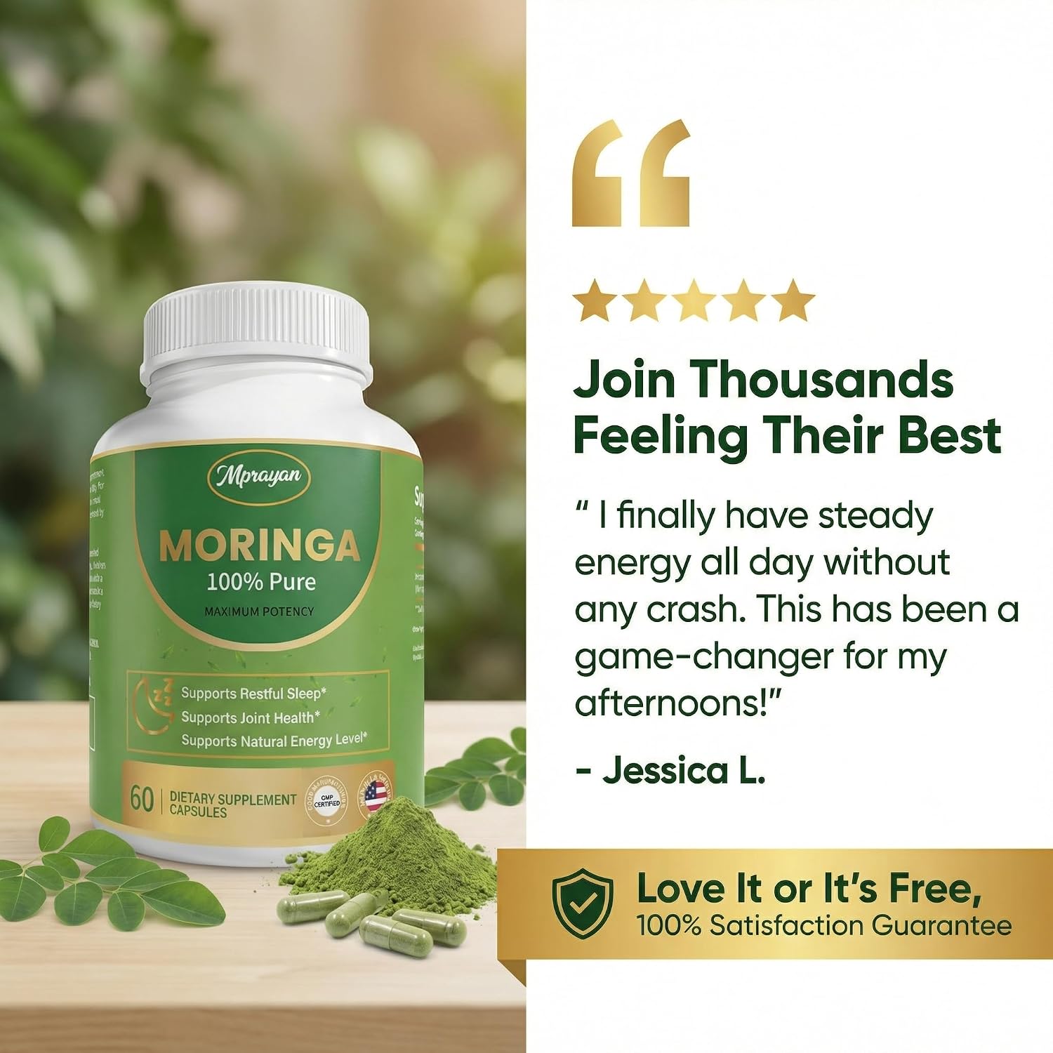 Moringa Capsules 800mg – Moringa Oleifera Leaf Powder Superfood Herbal Supplement for Natural Energy, Immune, Antioxidant & Detox Support – Vegan, Non-GMO, 60 Veg Capsules