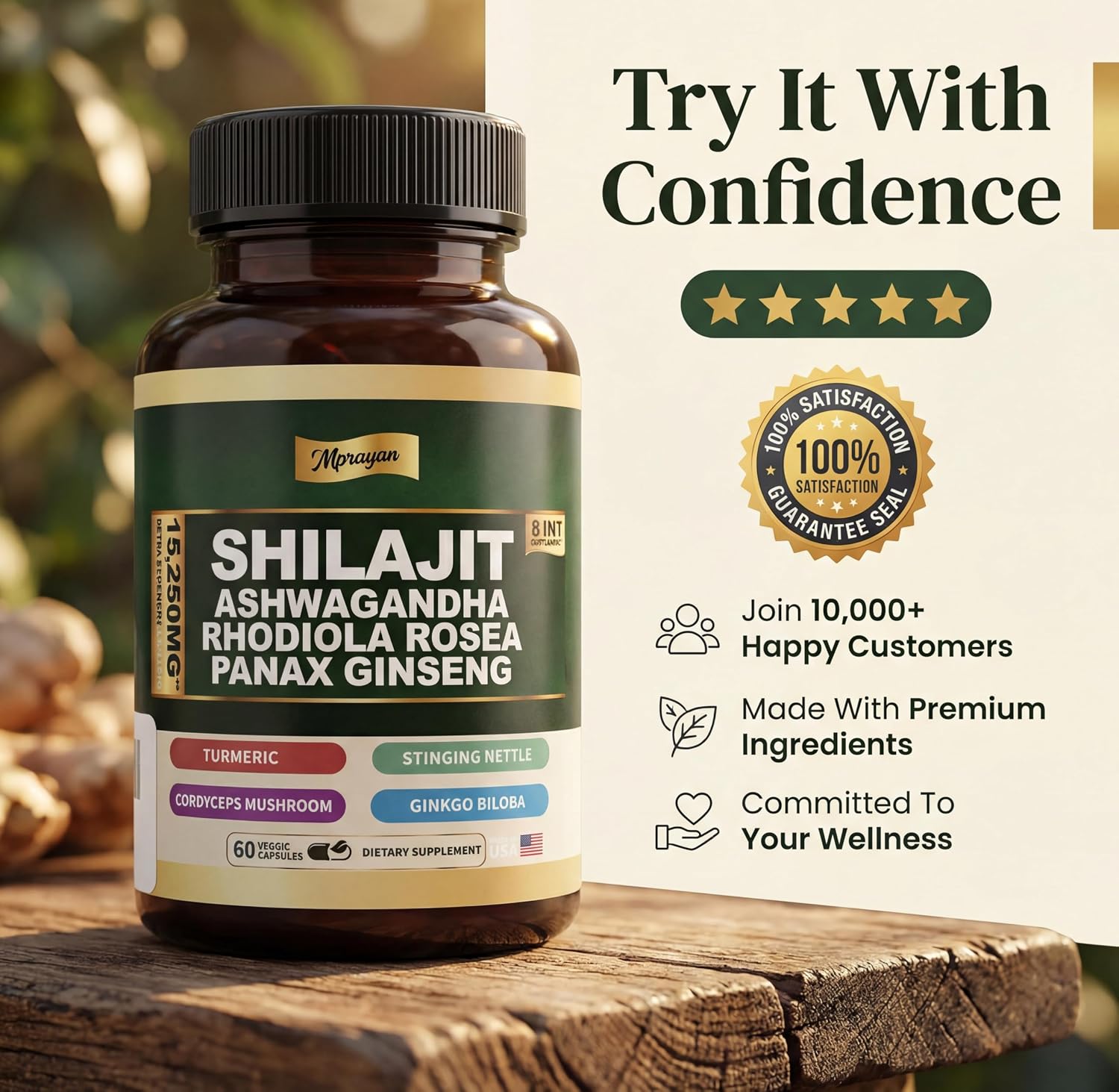 Ashwagandha Capsules, 8-in-1 Herbal for Men and Women, with Rhodiola Rosea, Ginseng, and Stinging Nettle, Shilajit