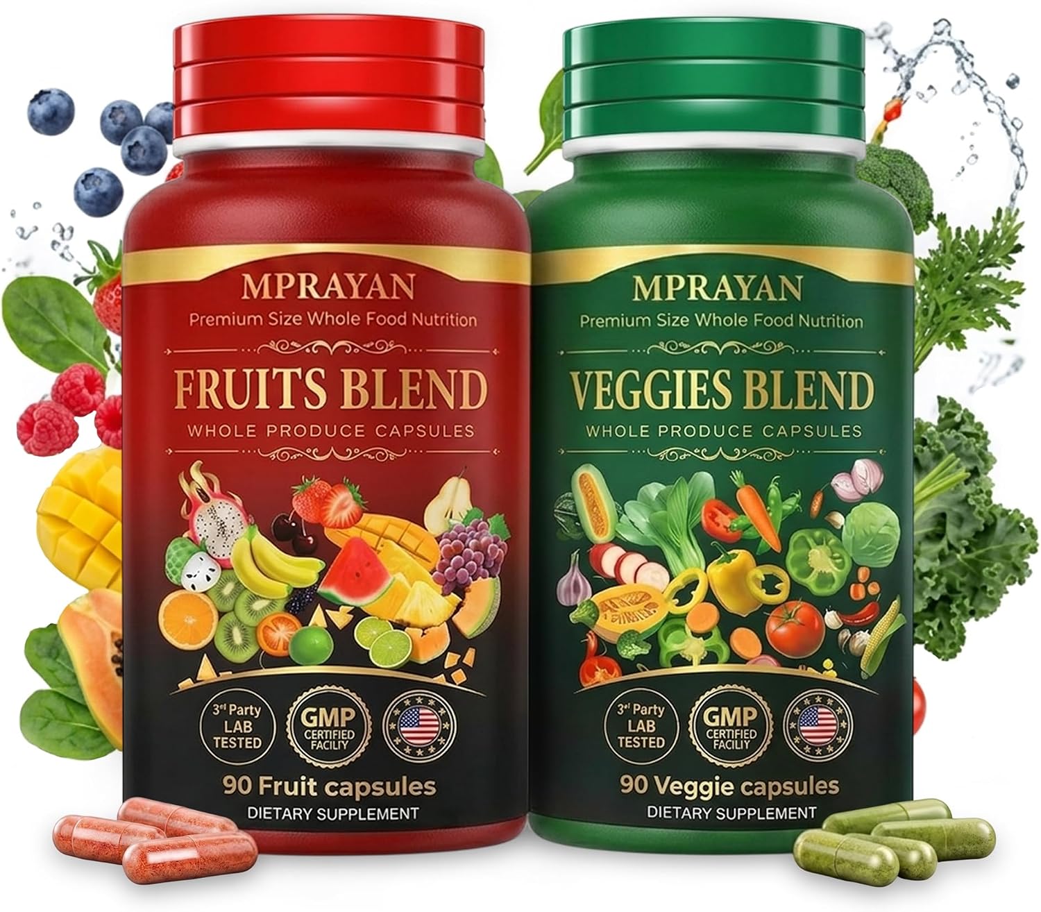 Fruits and Veggies Supplement for Daily Wellness, 90 Fruit + 90 Vegetable Supplement Bundle Packed with Minerals, Antioxidants & Vitamins for Men/Women, 180 Capsules, 30-Day Supply