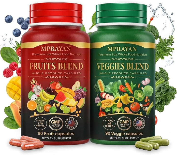 Fruits and Veggies Supplement for Daily Wellness, 90 Fruit + 90 Vegetable Supplement Bundle Packed with Minerals, Antioxidants & Vitamins for Men/Women, 180 Capsules, 30-Day Supply