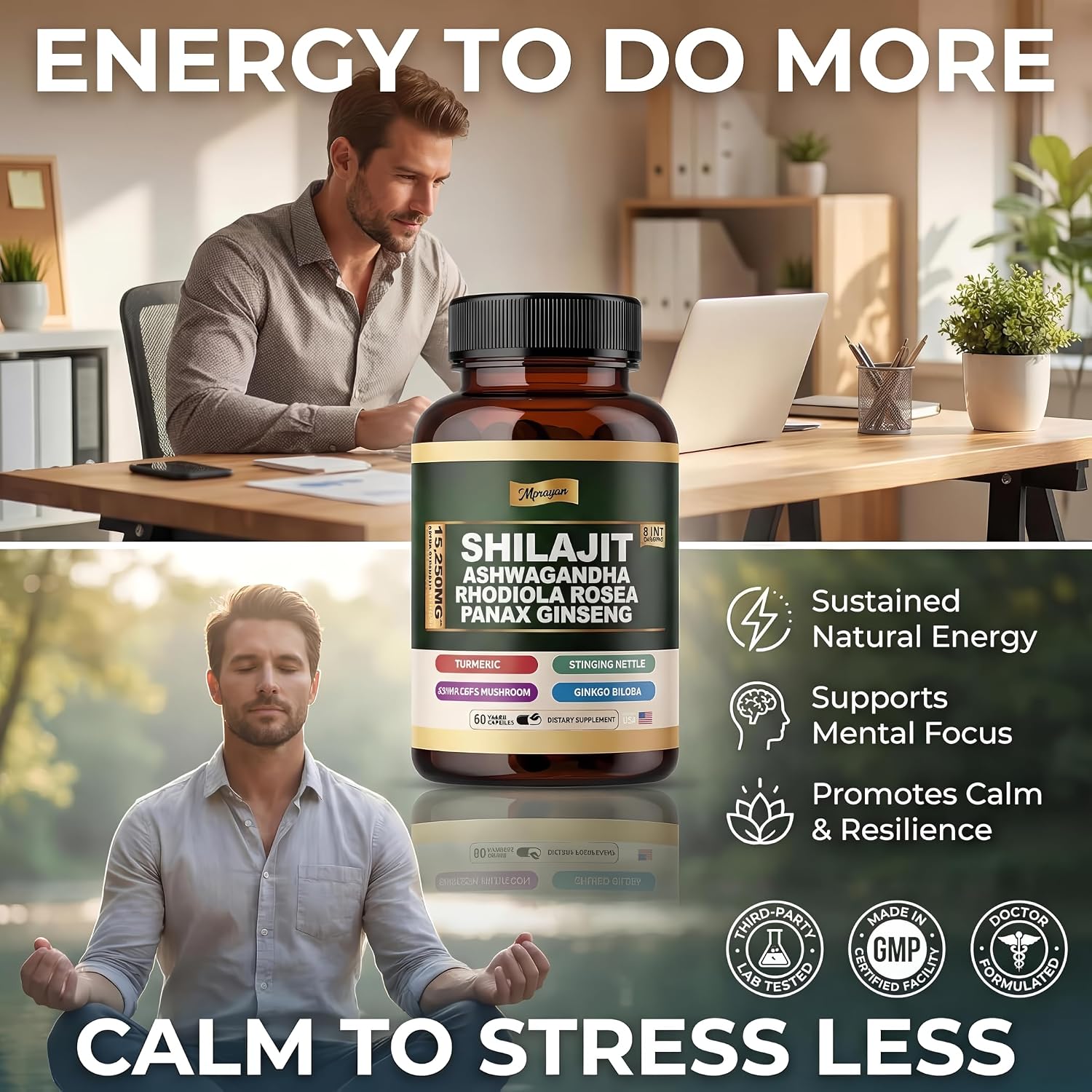 Ashwagandha Capsules, 8-in-1 Herbal for Men and Women, with Rhodiola Rosea, Ginseng, and Stinging Nettle, Shilajit