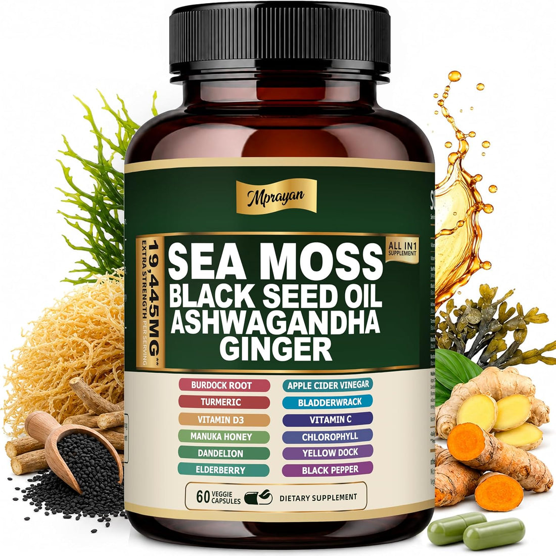 Sea Moss Black Seed Oil Ashwagandha Capsules - 10:1 Extract Blend 60ct
