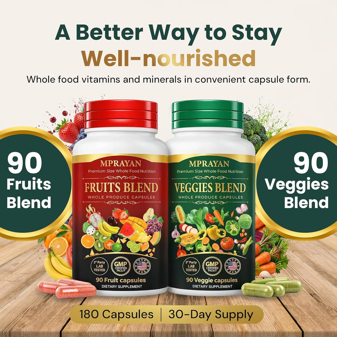Fruits and Veggies Supplement for Daily Wellness, 90 Fruit + 90 Vegetable Supplement Bundle Packed with Minerals, Antioxidants & Vitamins for Men/Women, 180 Capsules, 30-Day Supply