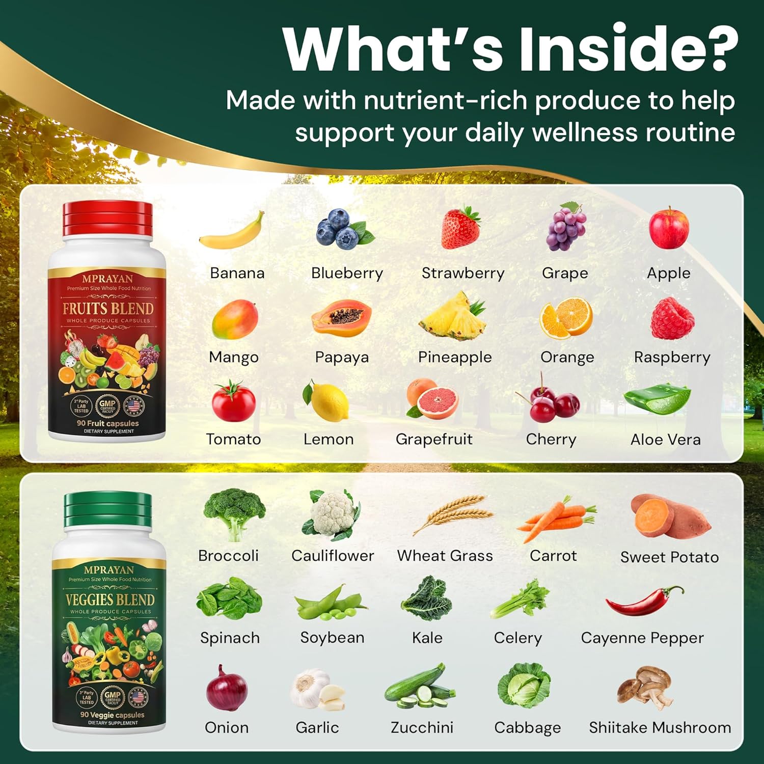 Fruits and Veggies Supplement for Daily Wellness, 90 Fruit + 90 Vegetable Supplement Bundle Packed with Minerals, Antioxidants & Vitamins for Men/Women, 180 Capsules, 30-Day Supply