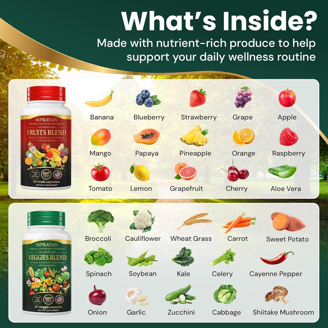 Fruits and Veggies Supplement for Daily Wellness, 90 Fruit + 90 Vegetable Supplement Bundle Packed with Minerals, Antioxidants & Vitamins for Men/Women, 180 Capsules, 30-Day Supply