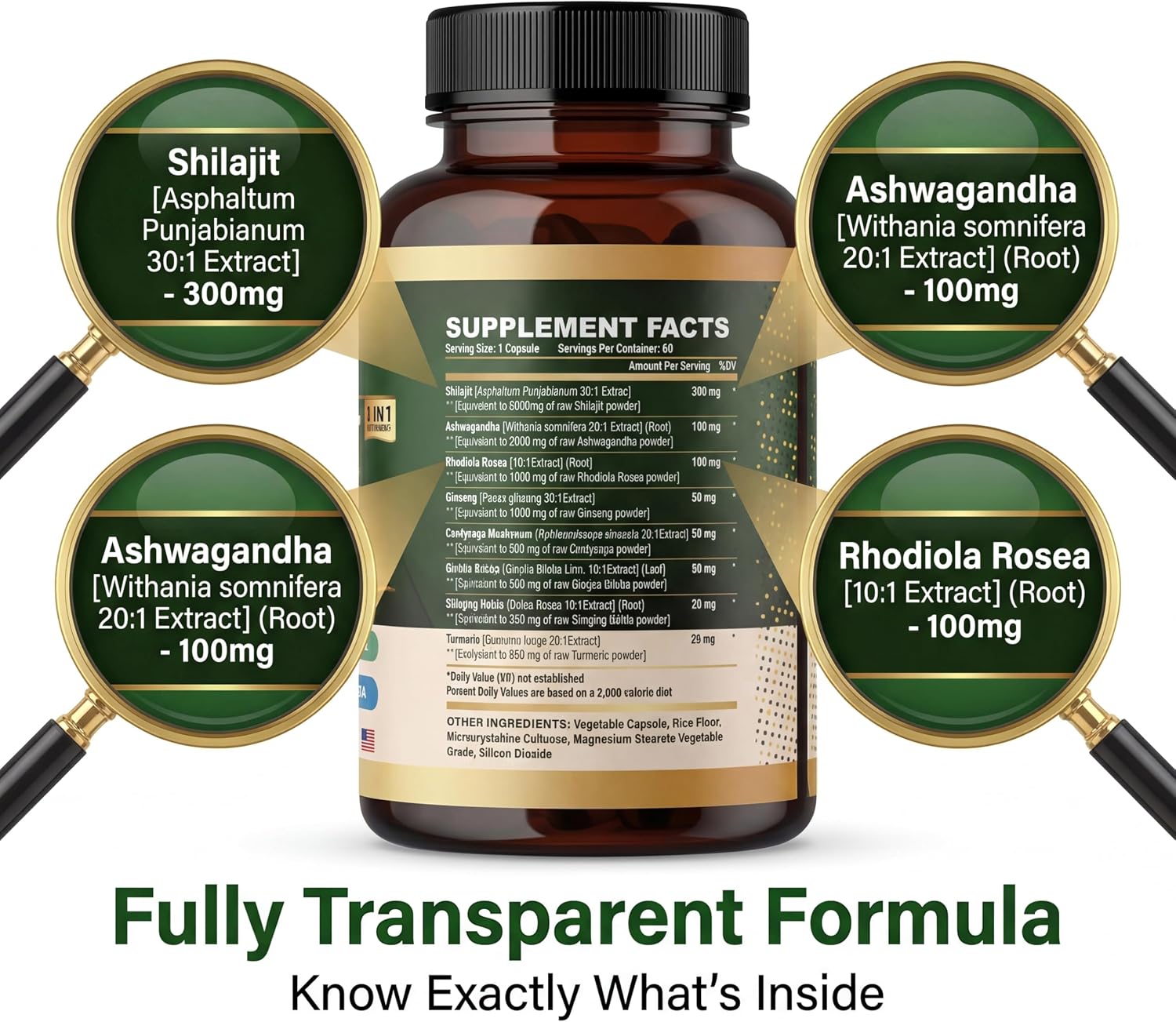 Ashwagandha Capsules, 8-in-1 Herbal for Men and Women, with Rhodiola Rosea, Ginseng, and Stinging Nettle, Shilajit