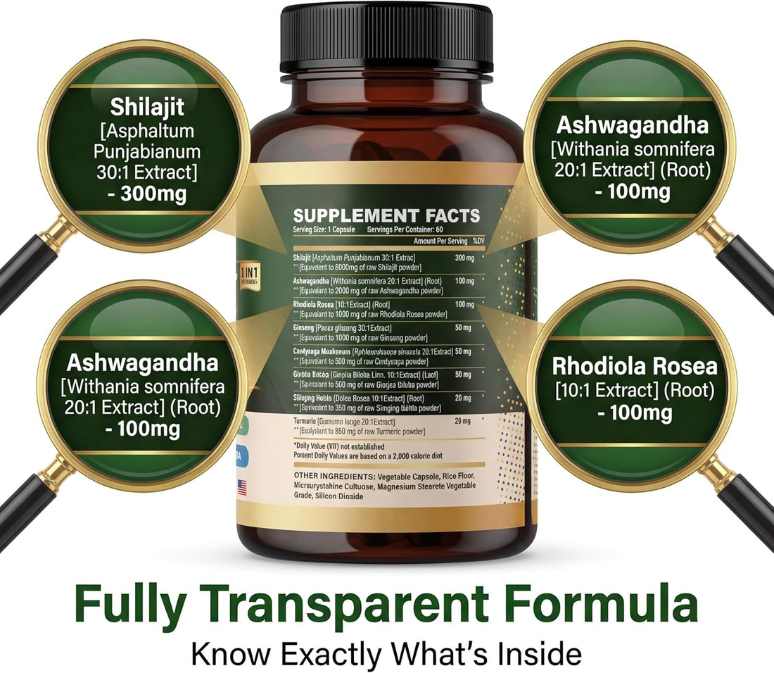 Ashwagandha Capsules, 8-in-1 Herbal for Men and Women, with Rhodiola Rosea, Ginseng, and Stinging Nettle, Shilajit