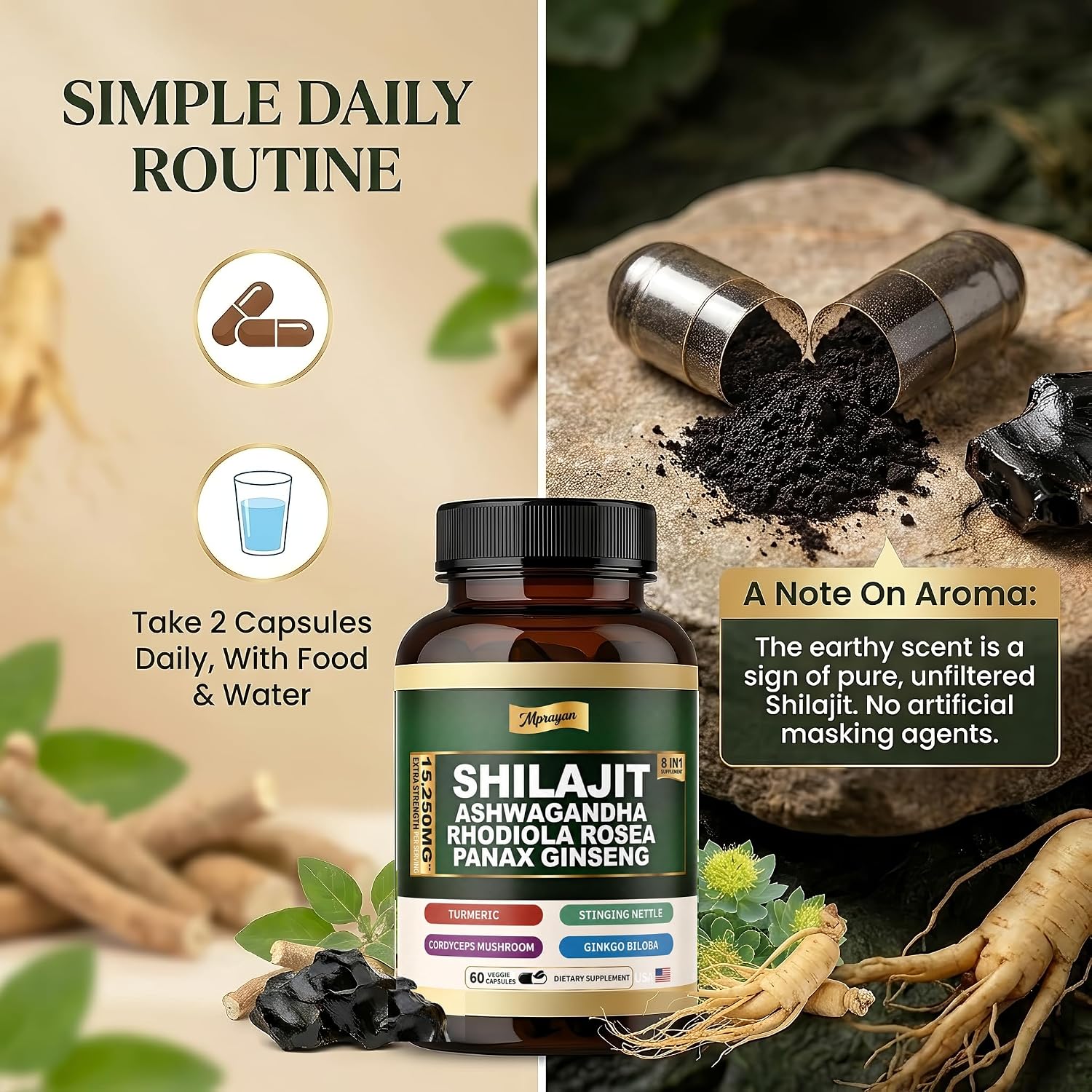 Ashwagandha Capsules, 8-in-1 Herbal for Men and Women, with Rhodiola Rosea, Ginseng, and Stinging Nettle, Shilajit