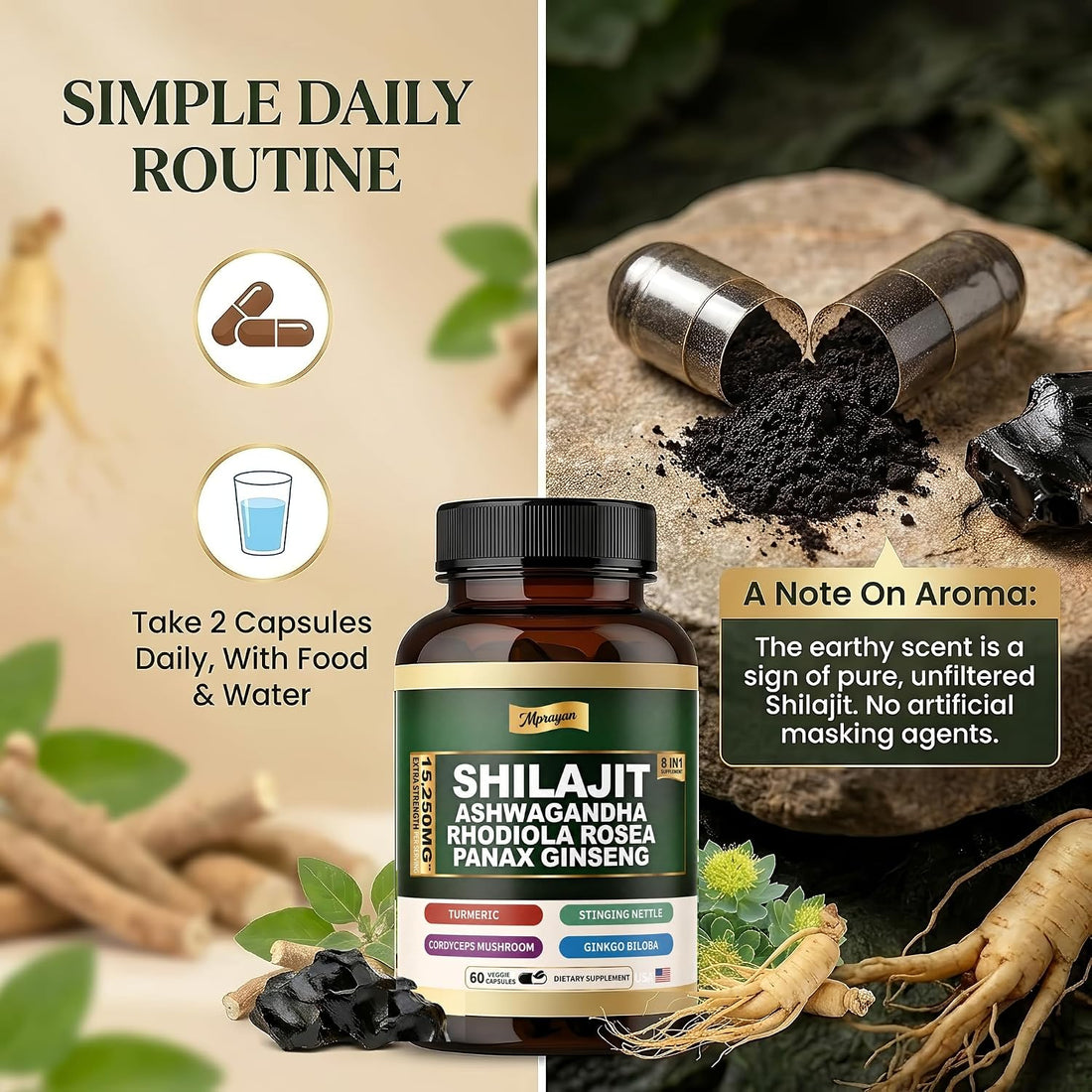Ashwagandha Capsules, 8-in-1 Herbal for Men and Women, with Rhodiola Rosea, Ginseng, and Stinging Nettle, Shilajit