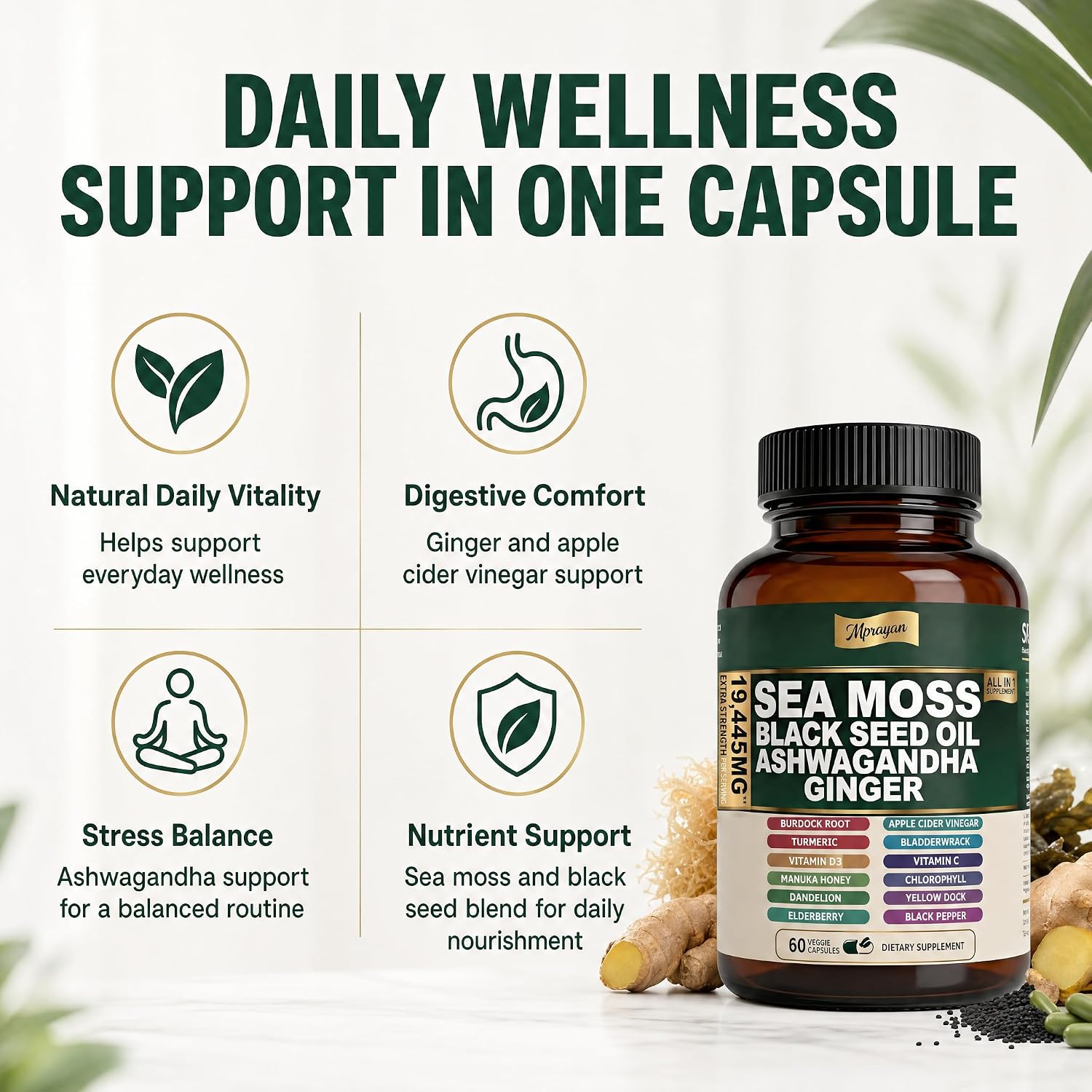 Sea Moss Black Seed Oil Ashwagandha Capsules - 10:1 Extract Blend 60ct
