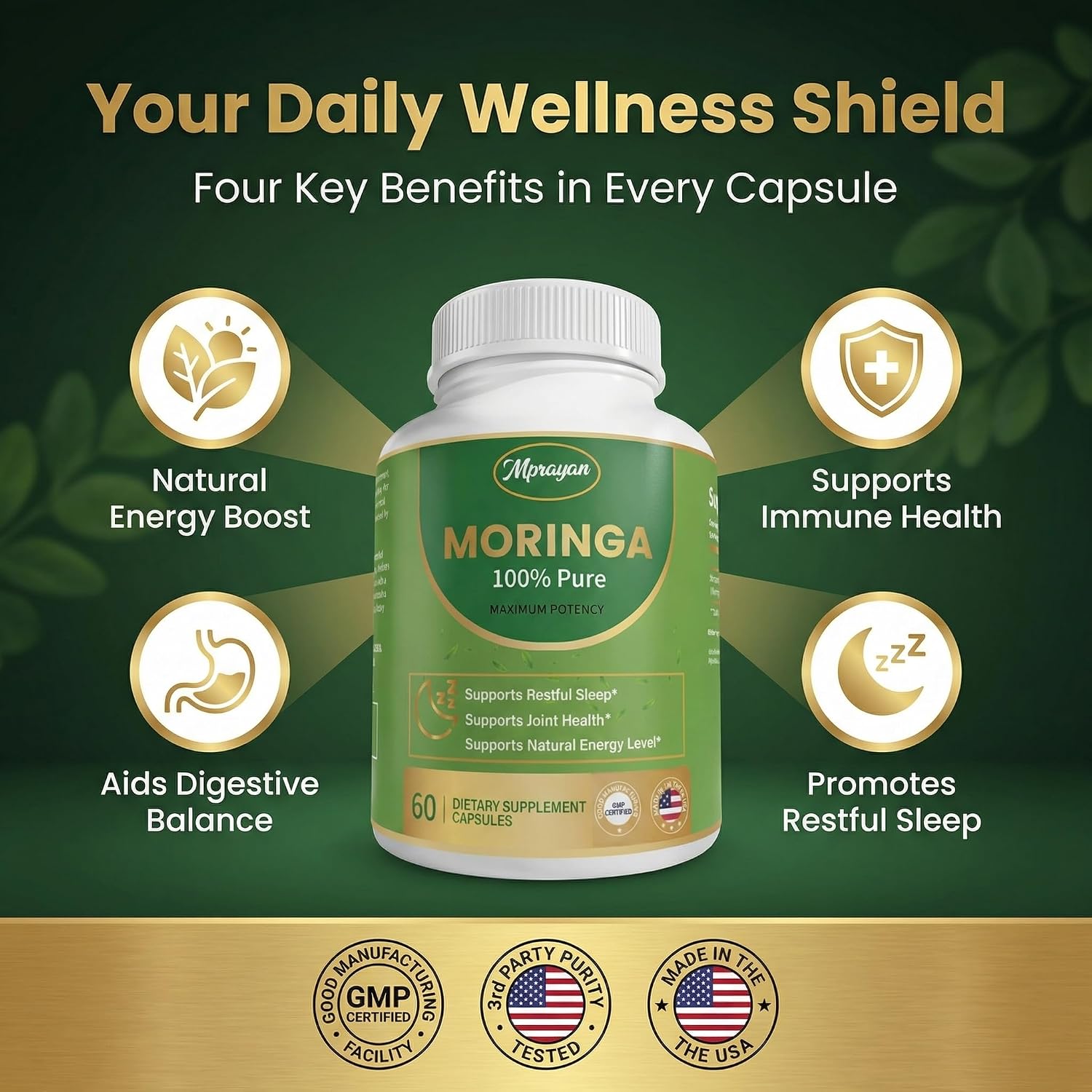 Moringa Capsules 800mg – Moringa Oleifera Leaf Powder Superfood Herbal Supplement for Natural Energy, Immune, Antioxidant & Detox Support – Vegan, Non-GMO, 60 Veg Capsules