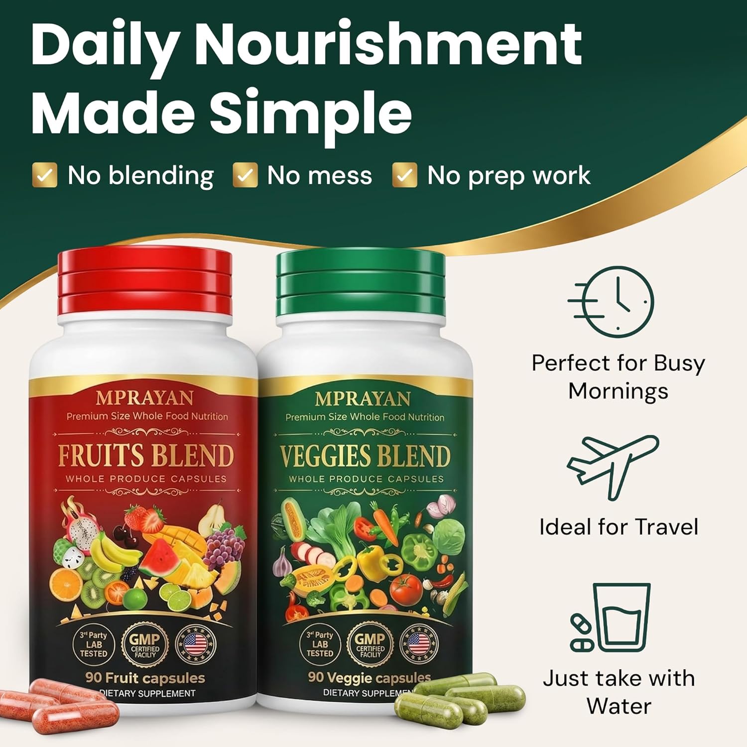 Fruits and Veggies Supplement for Daily Wellness, 90 Fruit + 90 Vegetable Supplement Bundle Packed with Minerals, Antioxidants & Vitamins for Men/Women, 180 Capsules, 30-Day Supply