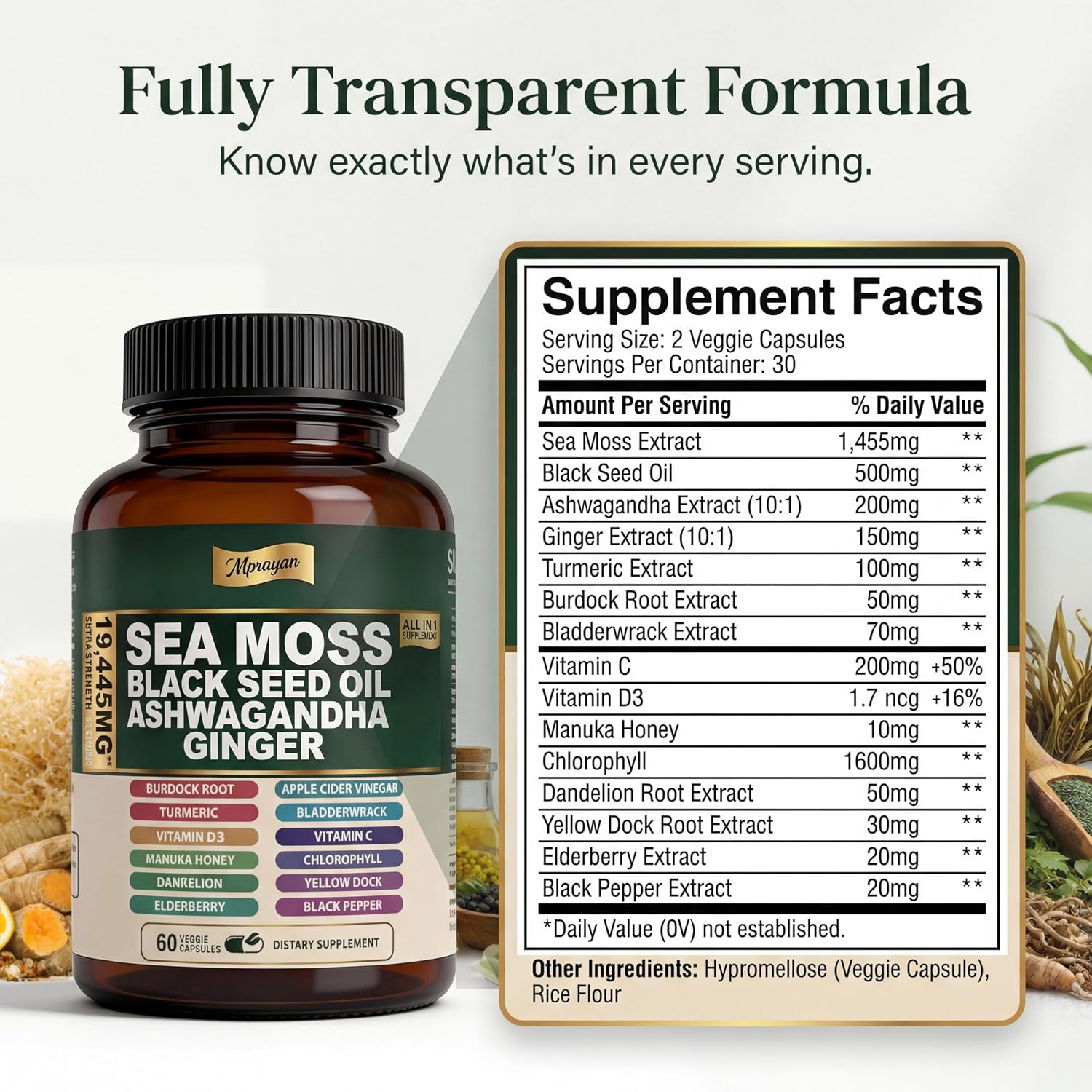 Sea Moss Black Seed Oil Ashwagandha Capsules - 10:1 Extract Blend 60ct