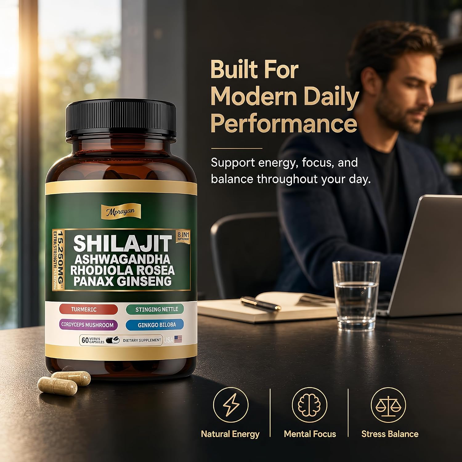Ashwagandha Capsules, 8-in-1 Herbal for Men and Women, with Rhodiola Rosea, Ginseng, and Stinging Nettle, Shilajit