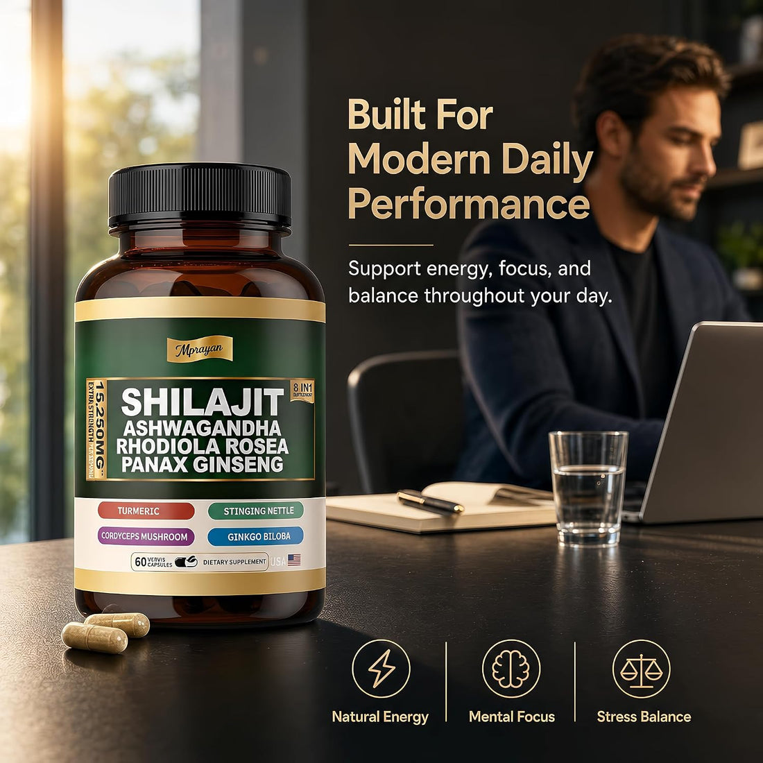 Ashwagandha Capsules, 8-in-1 Herbal for Men and Women, with Rhodiola Rosea, Ginseng, and Stinging Nettle, Shilajit