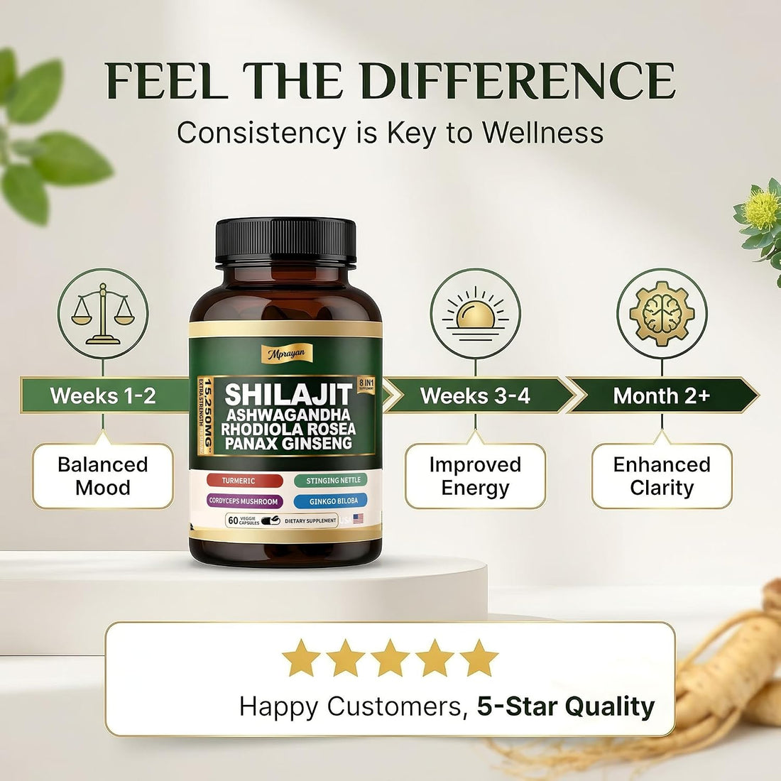 Ashwagandha Capsules, 8-in-1 Herbal for Men and Women, with Rhodiola Rosea, Ginseng, and Stinging Nettle, Shilajit