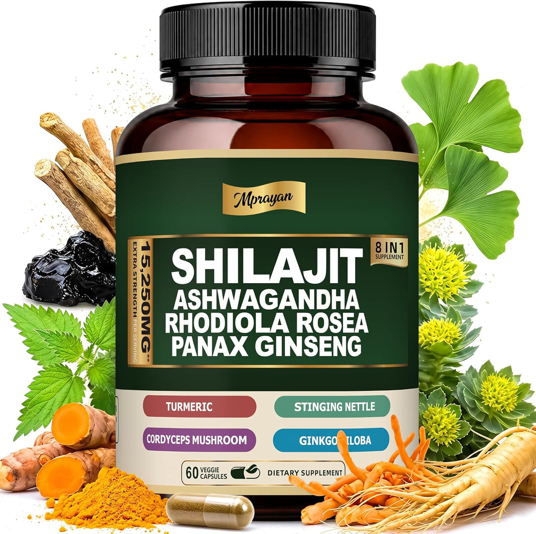 Ashwagandha Capsules, 8-in-1 Herbal for Men and Women, with Rhodiola Rosea, Ginseng, and Stinging Nettle, Shilajit