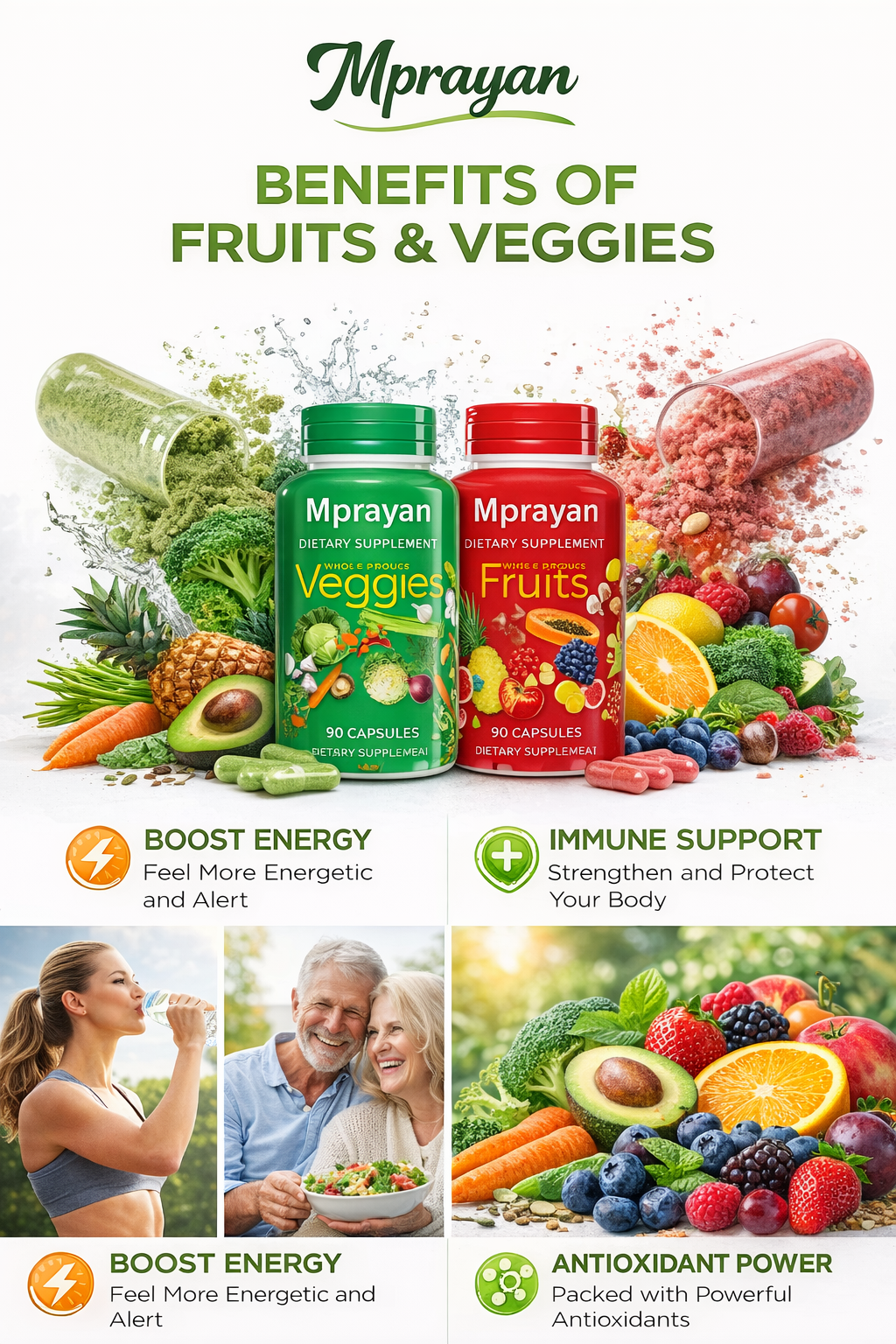 Fruits and Veggies Whole Food Capsules – 90 Fruit + 90 Vegetable Capsules – Whole Food Supplement with Super Greens, Vitamins & Minerals – Daily Nutrition for Men & Women – 2 Pack