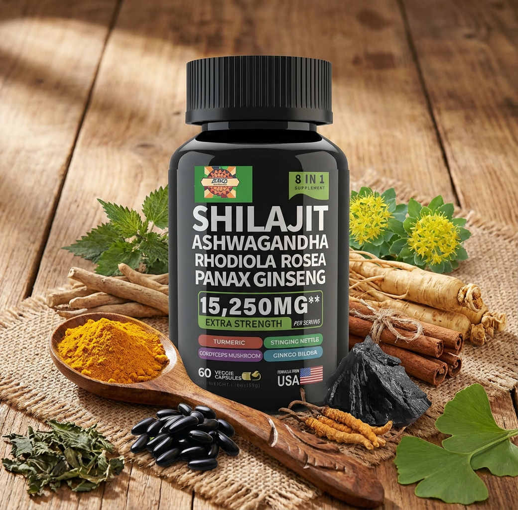 Shilajit + Ashwagandha Extra Strength 15,250 mg 60 Capsules Energy Recovery Supplement Daily Wellness Formula