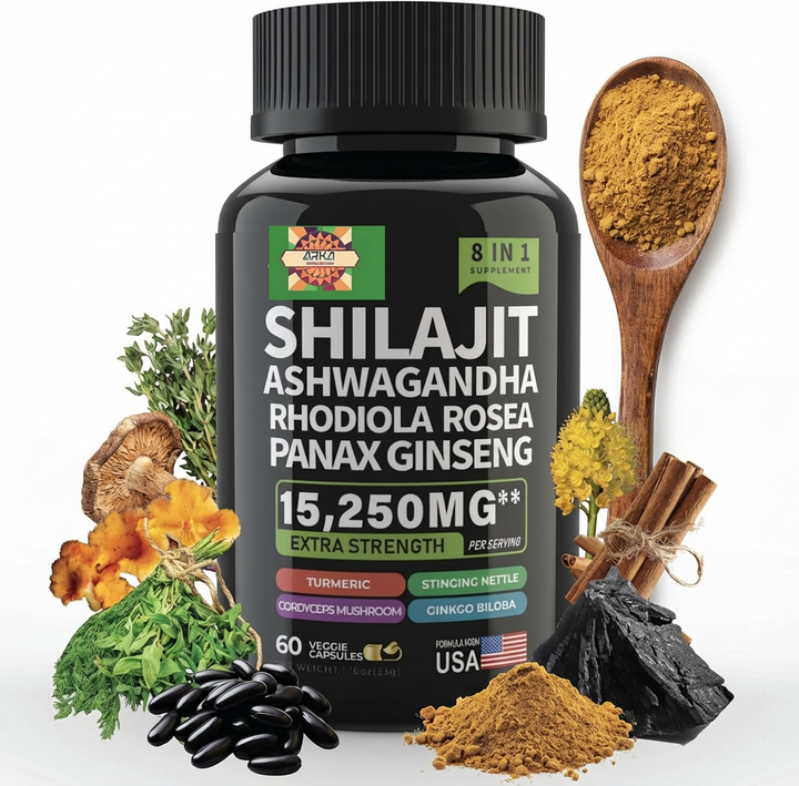 Shilajit + Ashwagandha Extra Strength 15,250 mg 60 Capsules Energy Recovery Supplement Daily Wellness Formula