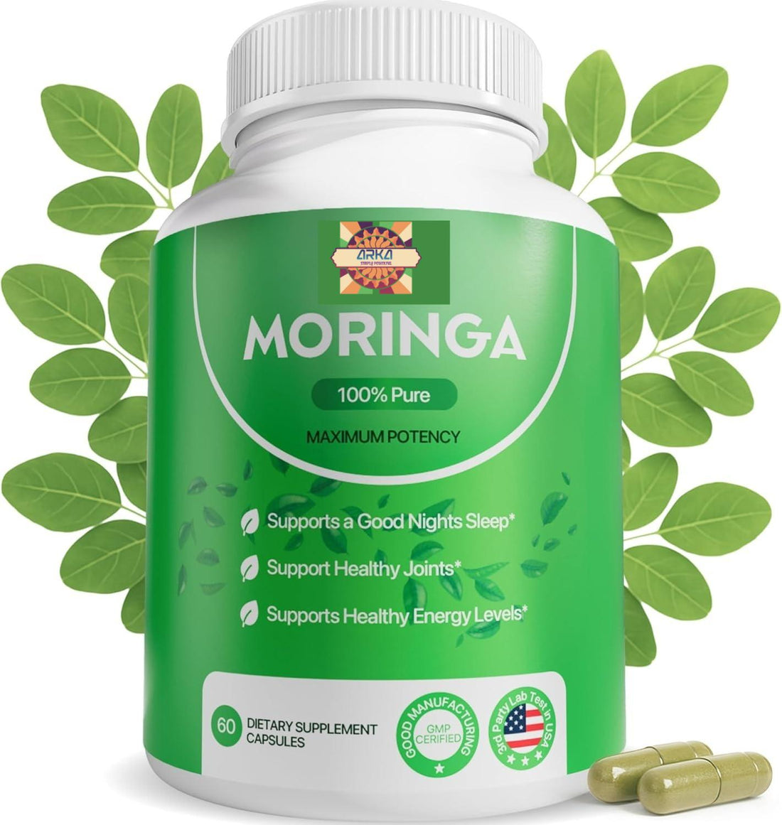 Moringa Capsules 800MG  - Pure Moringa Powder for Immune Gut Health Rich in Antioxidants Vegan Non-GMO 60 Count Natural Green Superfood Supplement